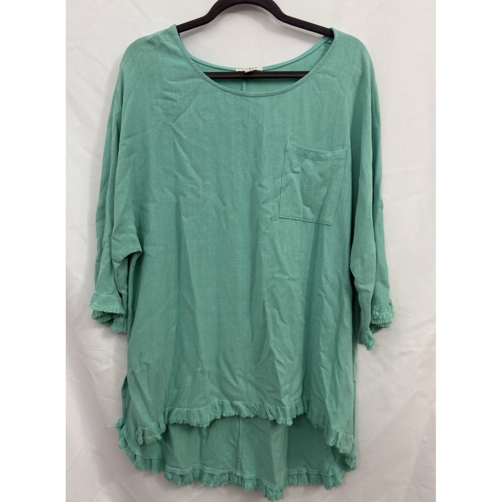 Umgee Linen Blend Aqua Blouse Shirt Women's M Fringe Hem 3/4 Sleeve  Hi Low‎ Hem